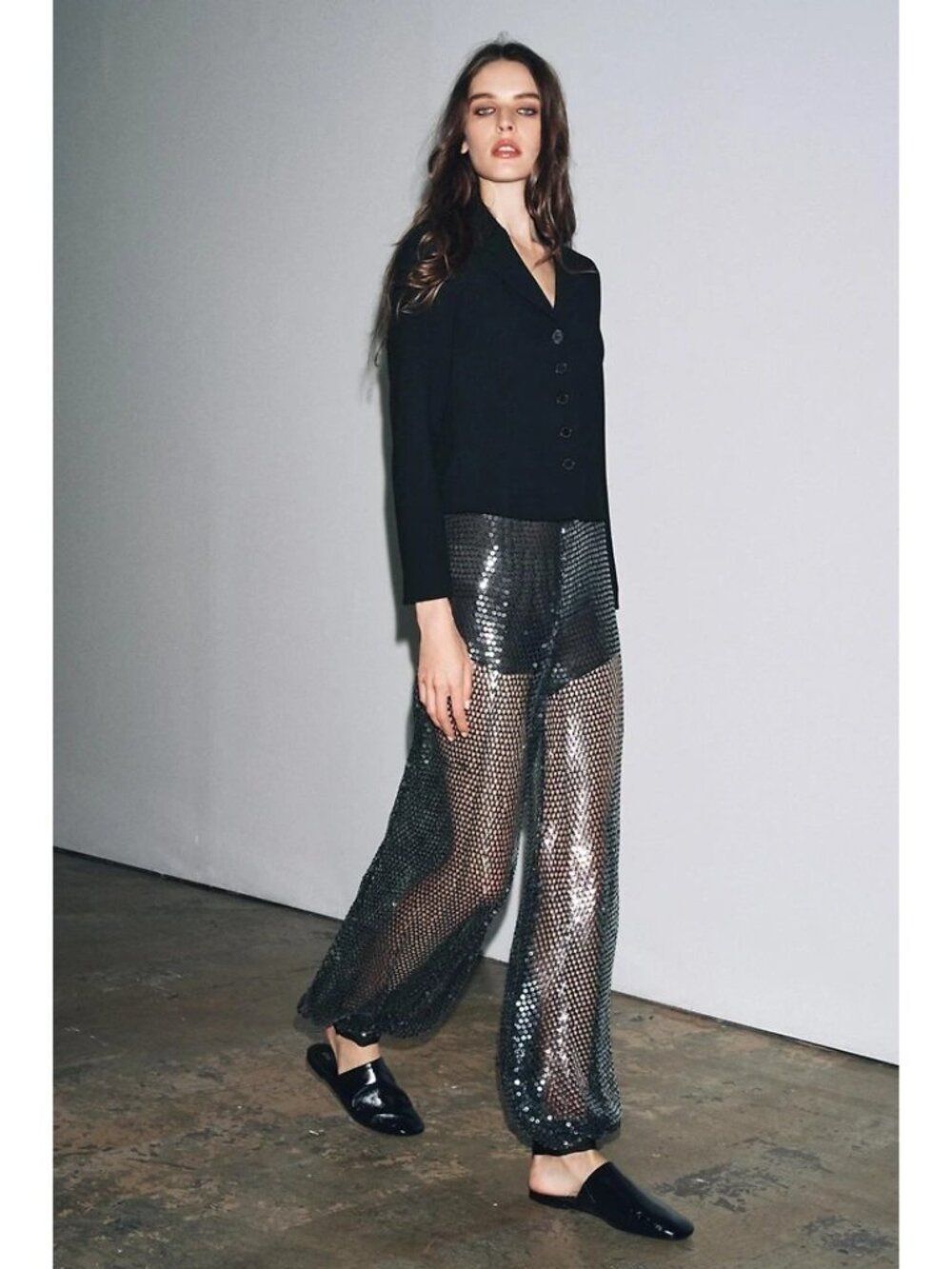 Zara ZW Womens Sequined Harem Balloon Pants S Small Black Satin 8514/002 NWT